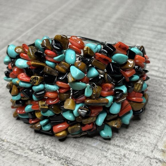 Handmade Natural Stone Cuff Bracelet Wire Wrapped Southwestern Unique - Picture 1 of 4